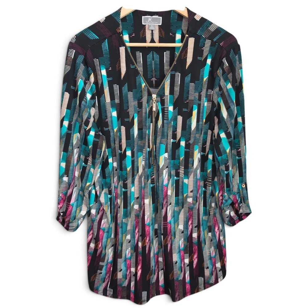 JM Collection Womens Top Size XL Black Teal Zip Tunic Stretch 3/4 Sleeve Casual